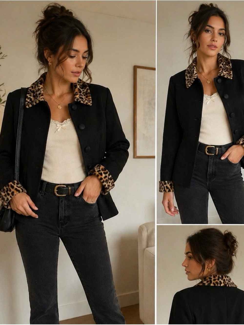 Brandy (Vancouver Canada) Black Jacket with Leopard Collar & Cuff size 12